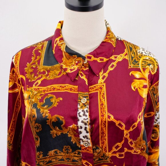 Guess XL Red Yellow Shiny Polyester Collared Button Front Top Shirt Baroque Long - Picture 3 of 9